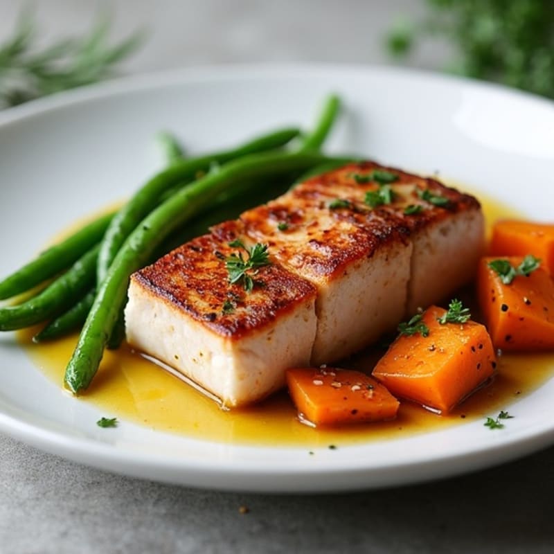 Seared Tuna Steak with Roasted Sweet Potatoes and Green Beans