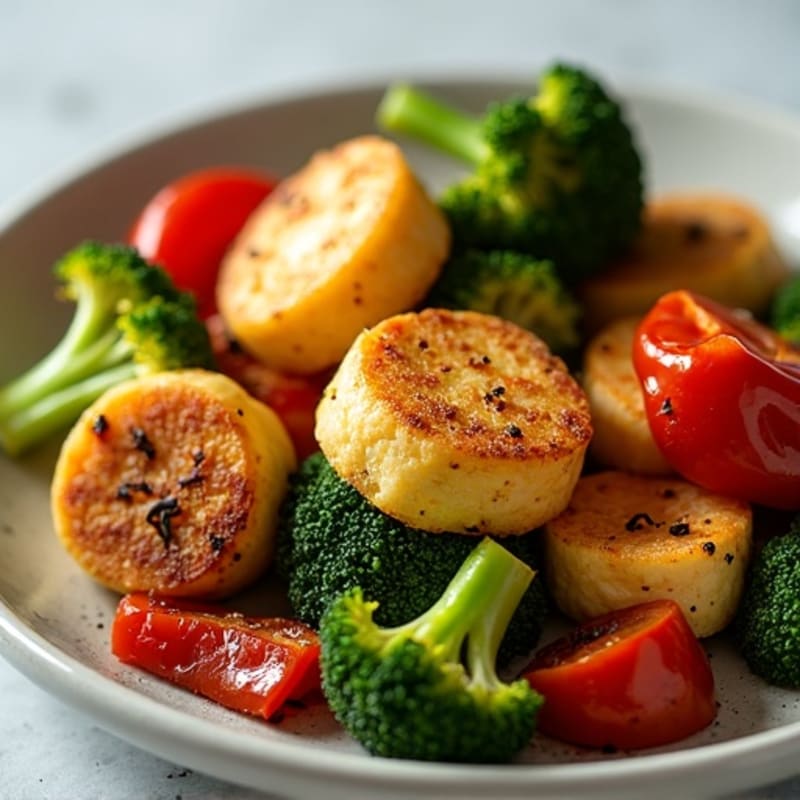 Crispy Pan-Seared Paneer with Roasted Broccoli and Bell Peppers