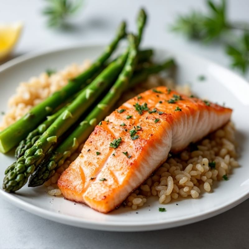 Seared Salmon with Steamed Asparagus and Brown Rice