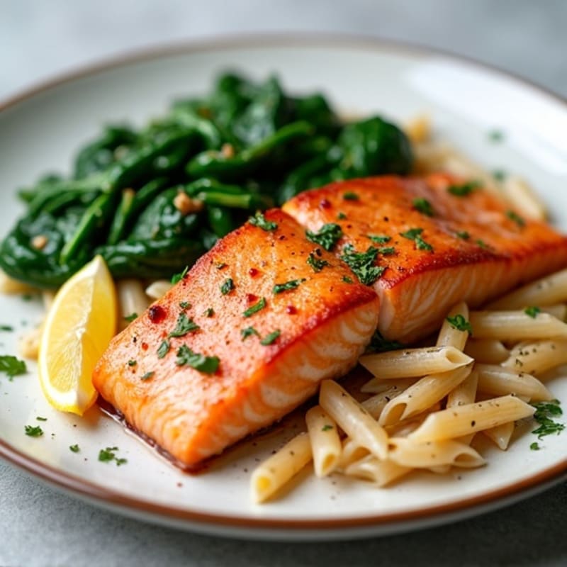 Seared Salmon with Roasted Pasta and Garlic Spinach