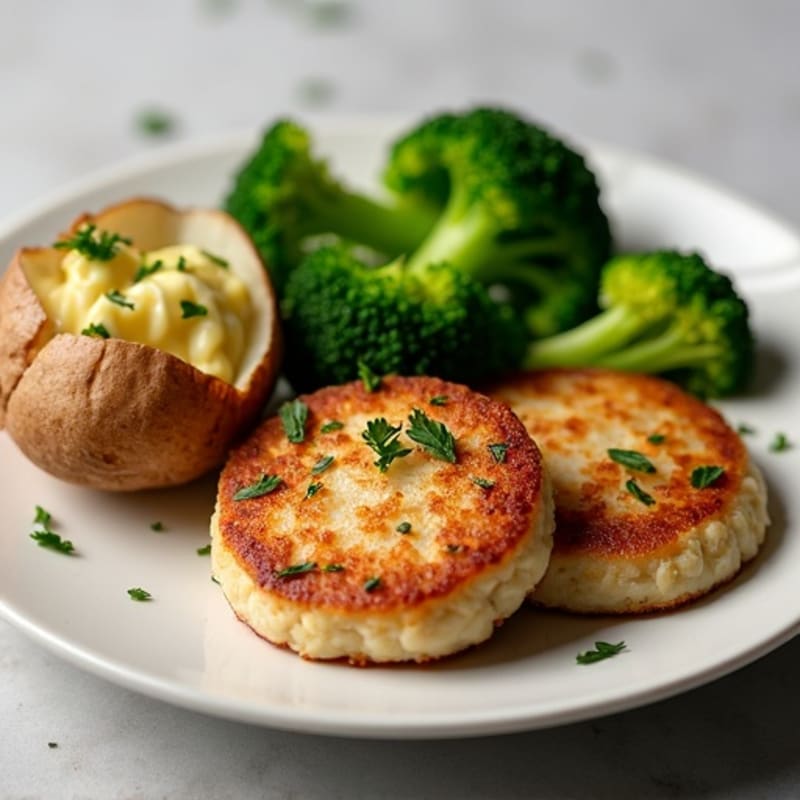 Garlic Seared Turkey Patties with Steamed Broccoli and Baked Potato