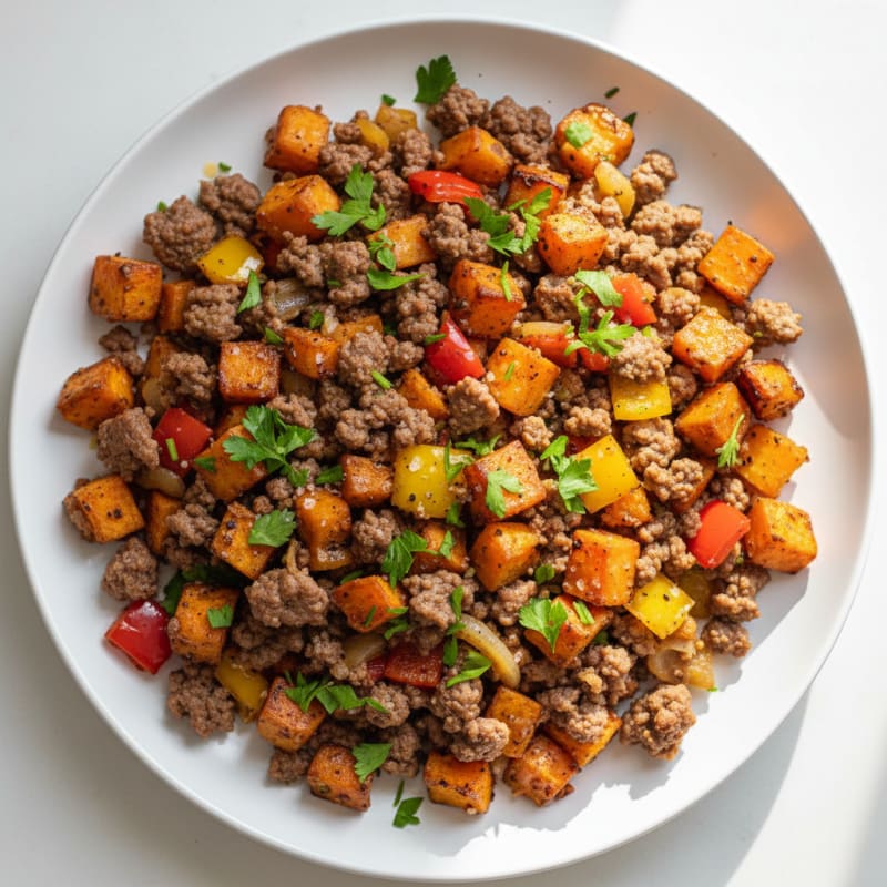 Ground Beef and Roasted Sweet Potato Hash