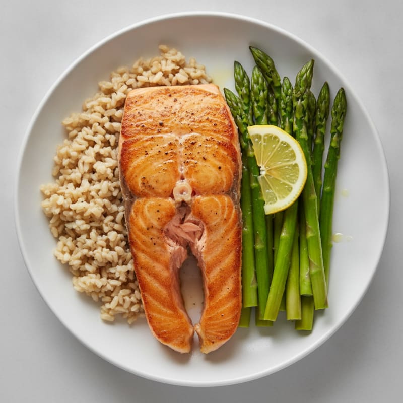 Seared Salmon with Steamed Asparagus and Brown Rice