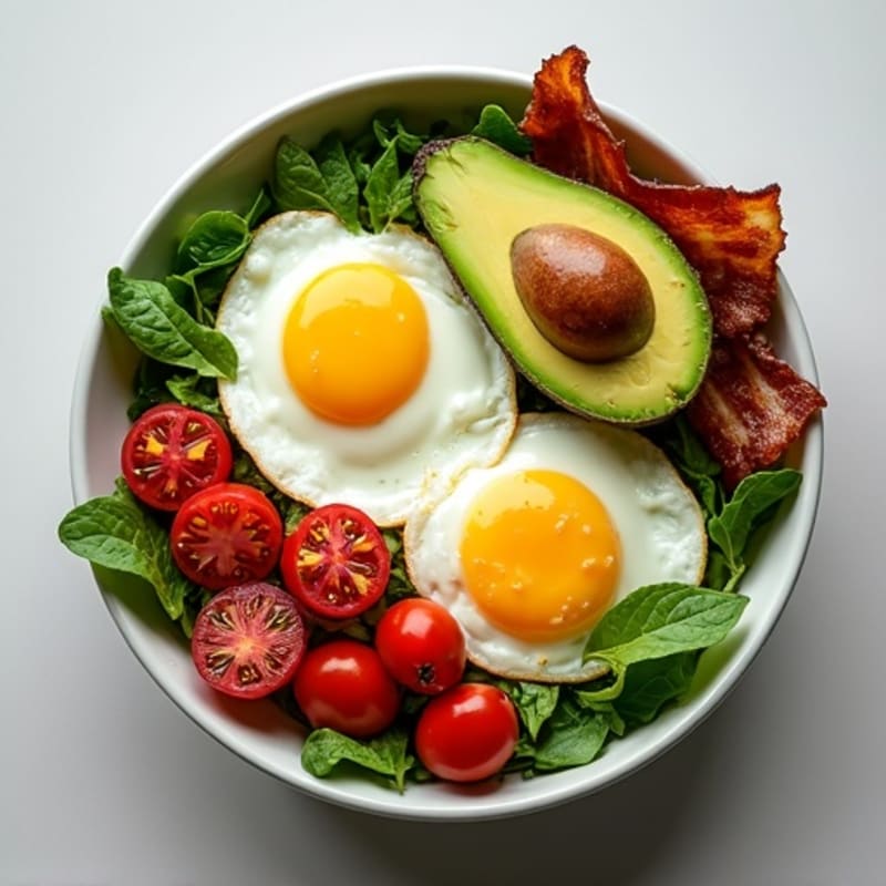 Crispy Bacon and Creamy Avocado Bowl with Fresh Greens and Roasted Tomatoes