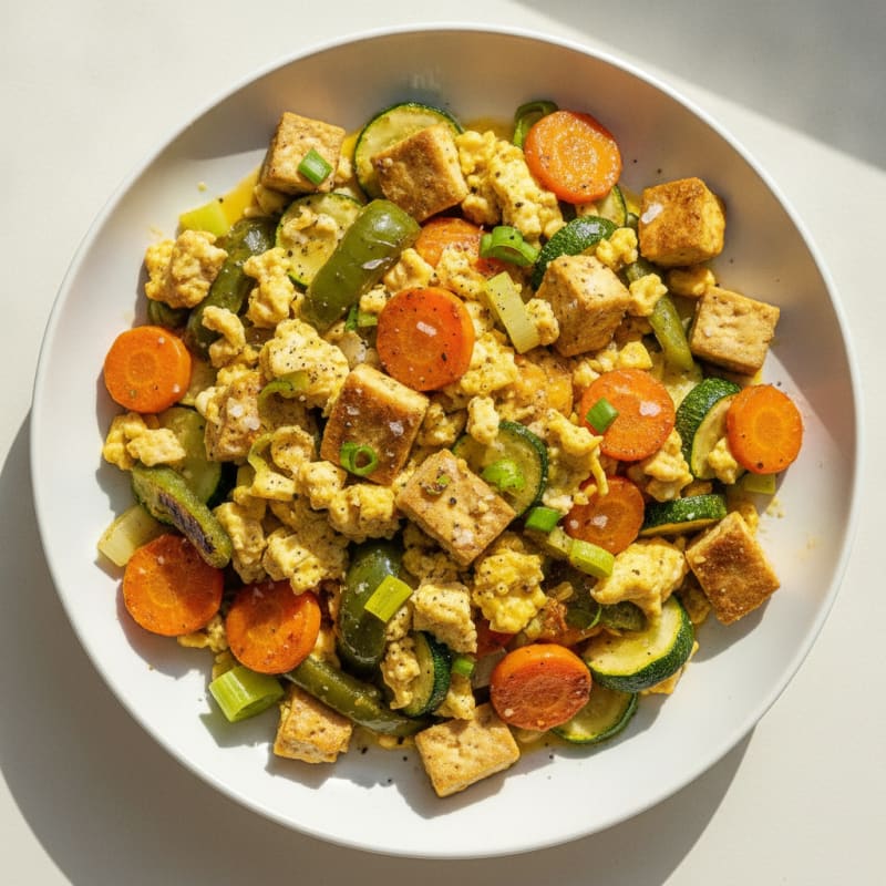 Baked Tofu and Egg Scramble with Roasted Vegetables