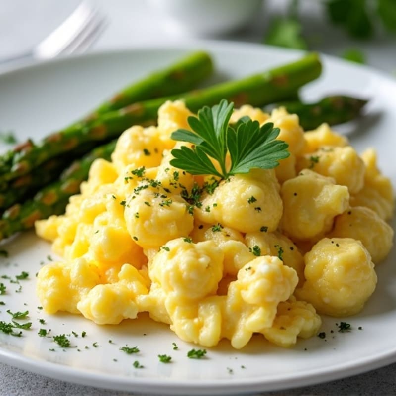 Creamy Scrambled Eggs with Fresh Herbs and Roasted Asparagus