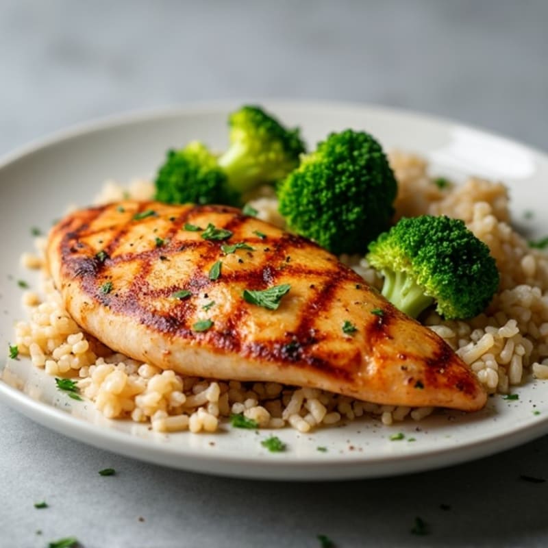 Seared Chicken Breast with Garlic Broccoli and Brown Rice