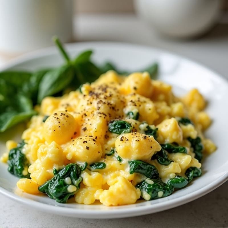 Creamy Scrambled Eggs with Cottage Cheese and Sautéed Spinach