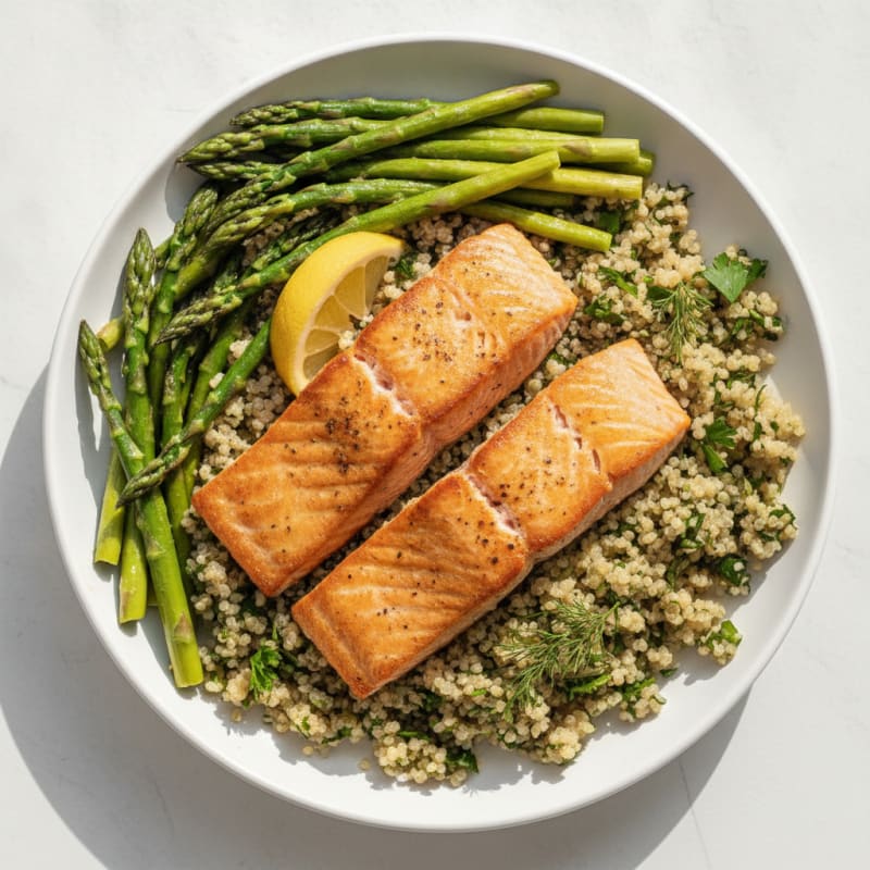 Seared Salmon with Herb Quinoa and Steamed Asparagus