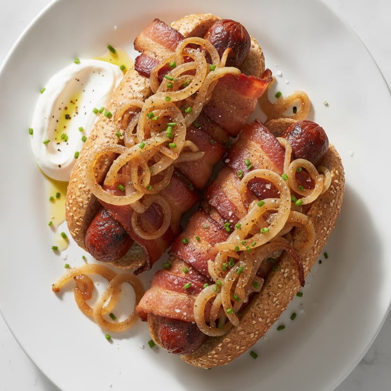 Bacon-Wrapped Hot Dogs with Caramelized Onions