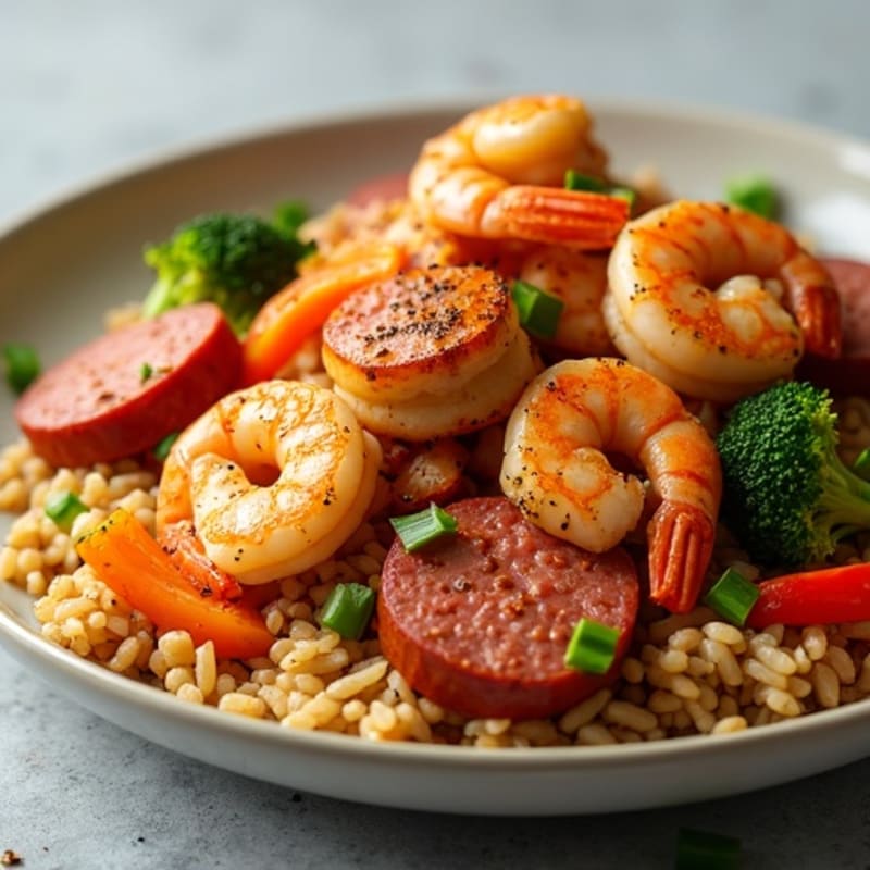 Spicy Chicken, Shrimp, and Sausage with Savory Rice and Fresh Vegetables