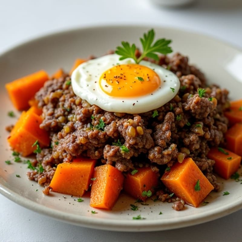Herb-Seasoned Lean Ground Beef Skillet with Roasted Sweet Potatoes