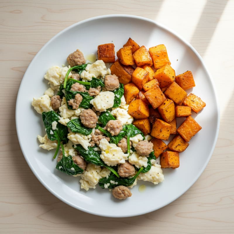Egg White and Turkey Sausage Scramble with Spinach and Roasted Sweet Potatoes