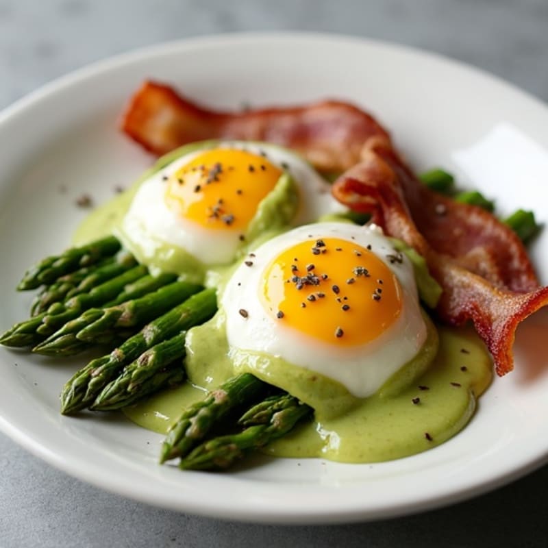 Poached Eggs with Crispy Turkey Bacon, Creamy Avocado Sauce, and Roasted Asparagus