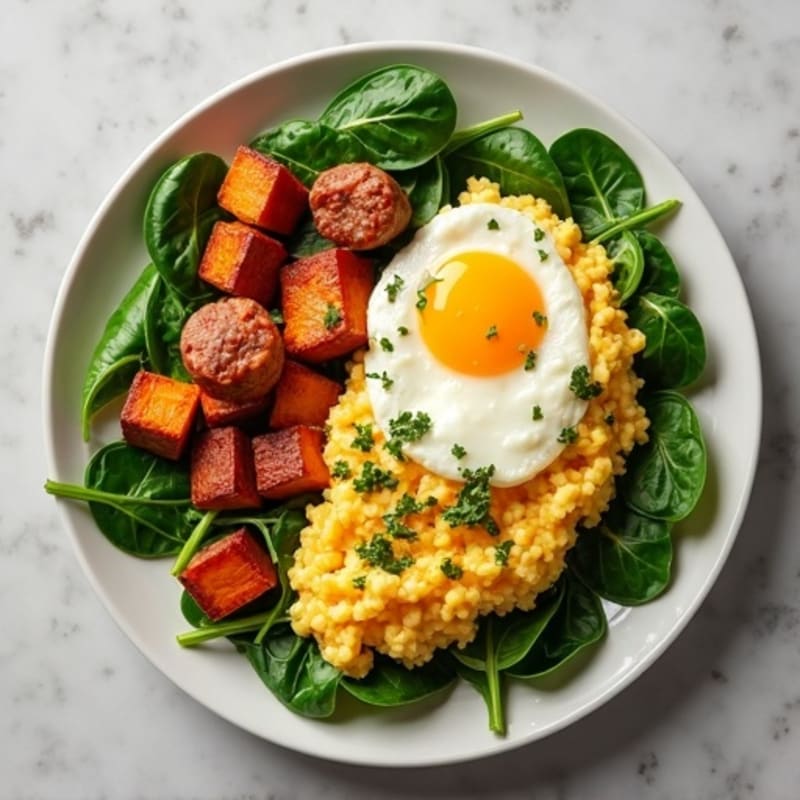 Egg White and Turkey Sausage Scramble with Spinach and Roasted Sweet Potatoes