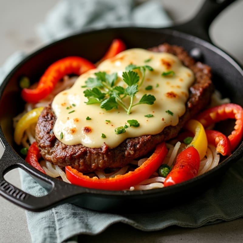 Healthy Skillet Steak with Melted Provolone, Sautéed Peppers and Onions
