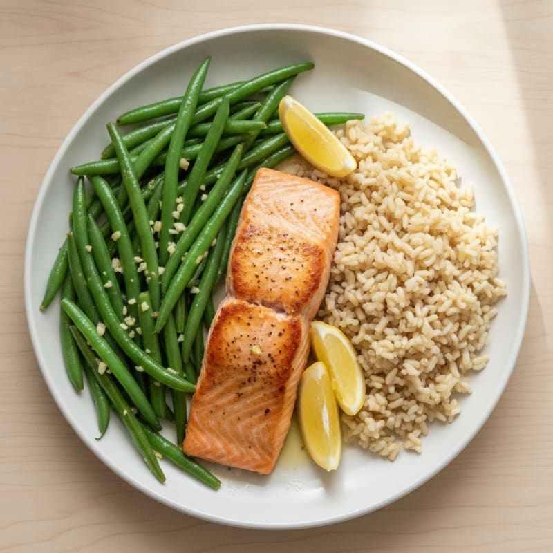 Seared Salmon with Garlic Green Beans and Brown Rice