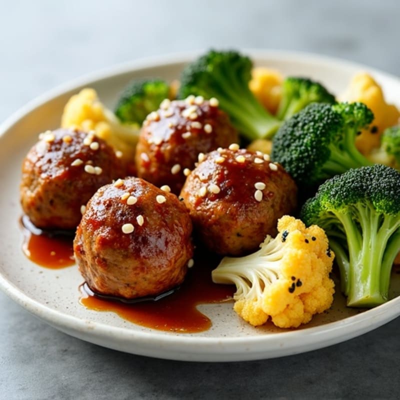 Sticky Teriyaki Meatballs with Roasted Broccoli and Cauliflower
