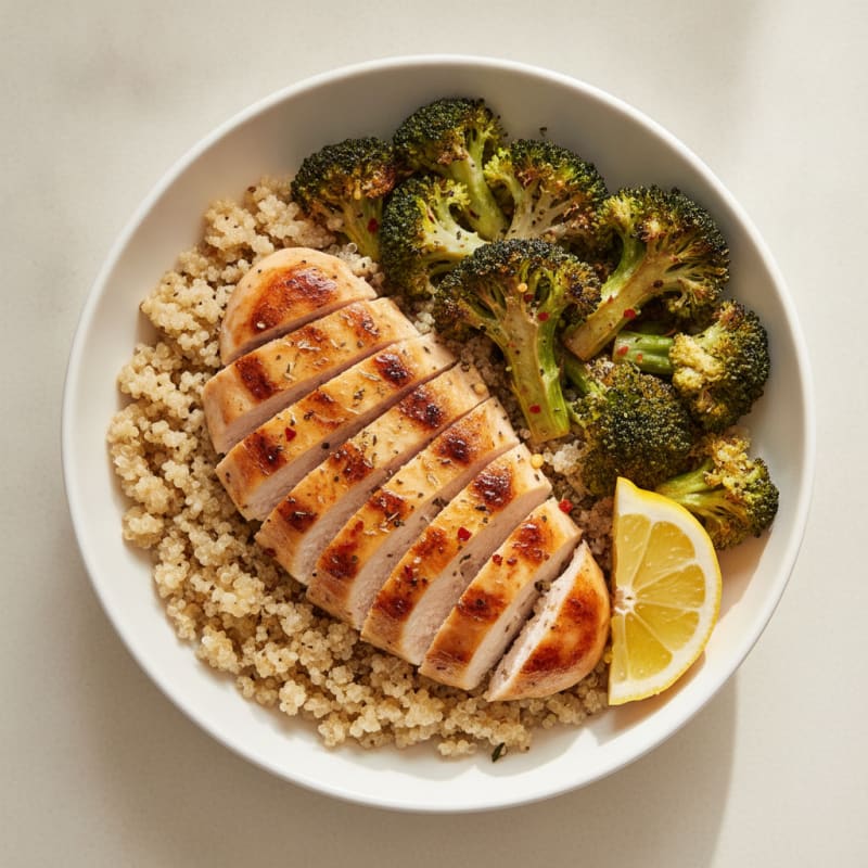 Grilled Chicken and Quinoa Bowl with Roasted Broccoli