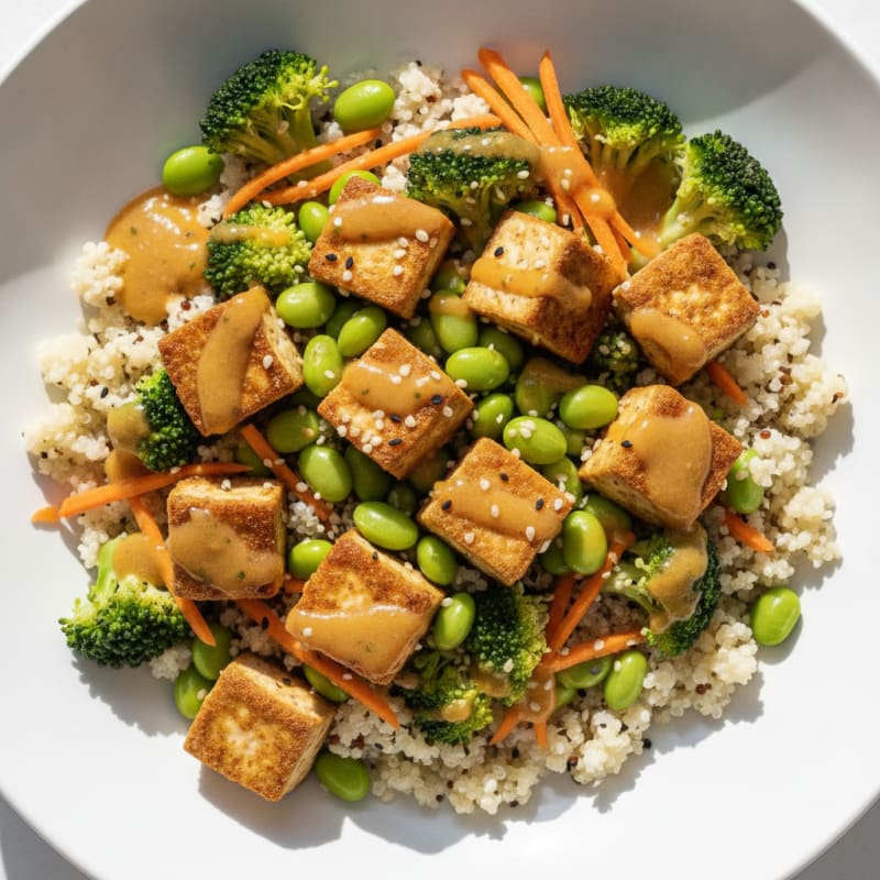 Seared Tofu and Edamame Power Bowl with Crunchy Vegetables