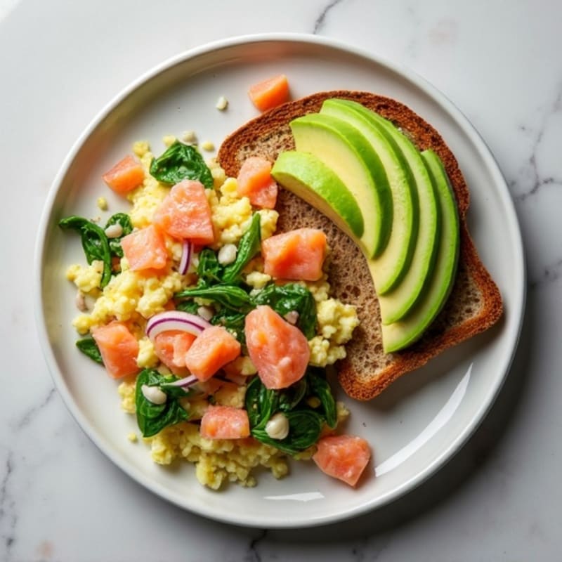Egg White and Smoked Salmon Scramble with Spinach & Avocado Toast