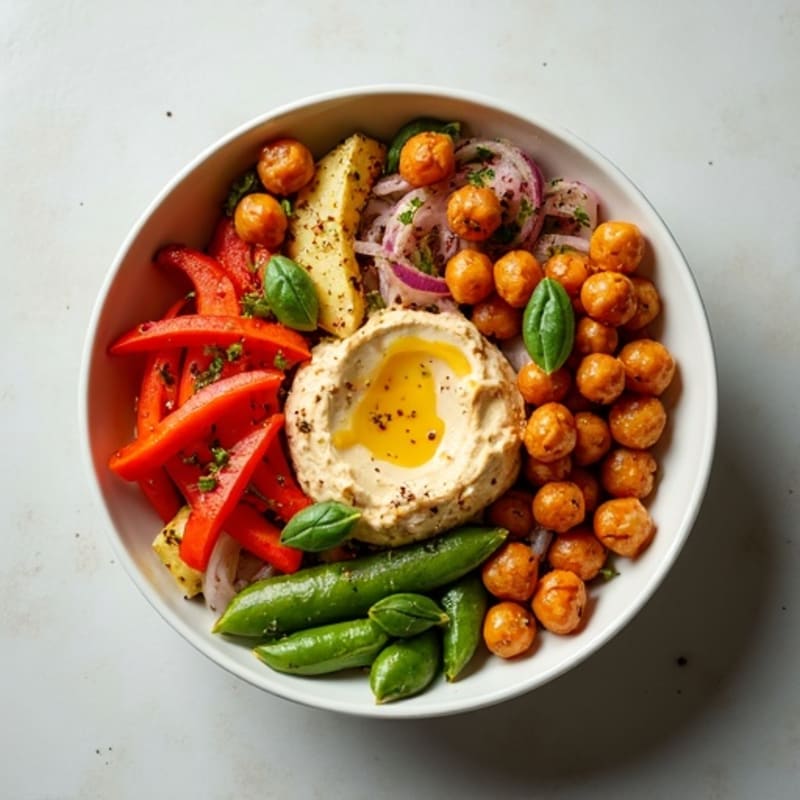 Spiced Roasted Vegetable and Crispy Chickpea Bowl with Creamy Hummus