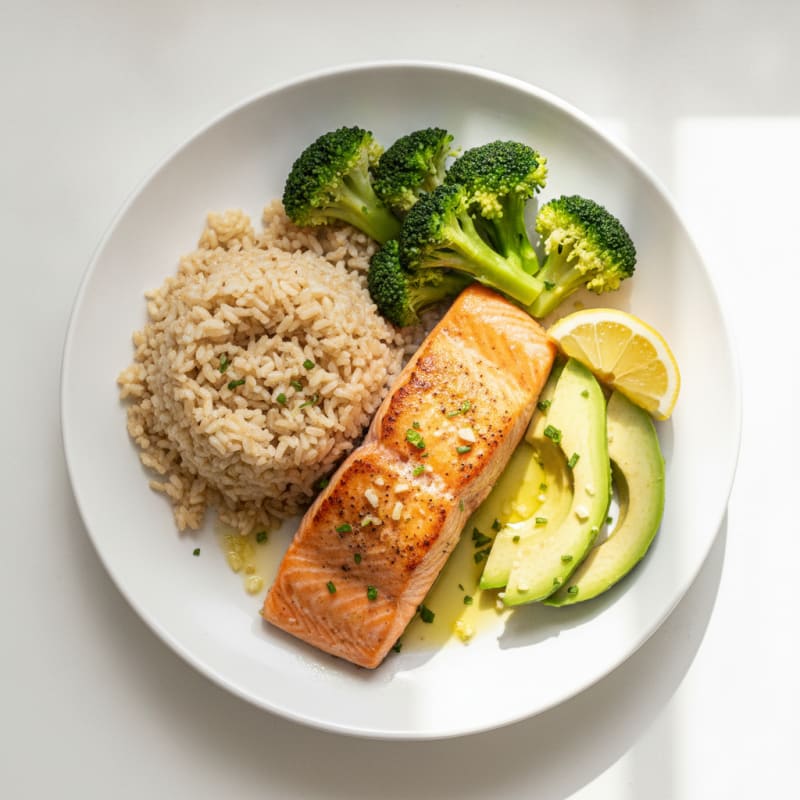 Seared Salmon with Steamed Broccoli and Brown Rice