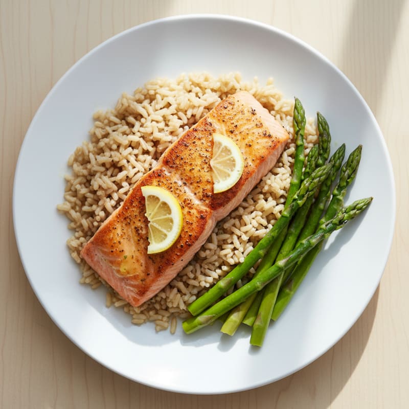 Seared Salmon with Steamed Asparagus and Brown Rice