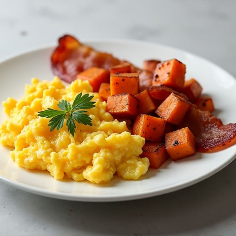 Fluffy Scrambled Eggs with Crispy Turkey Bacon and Roasted Sweet Potato Hash