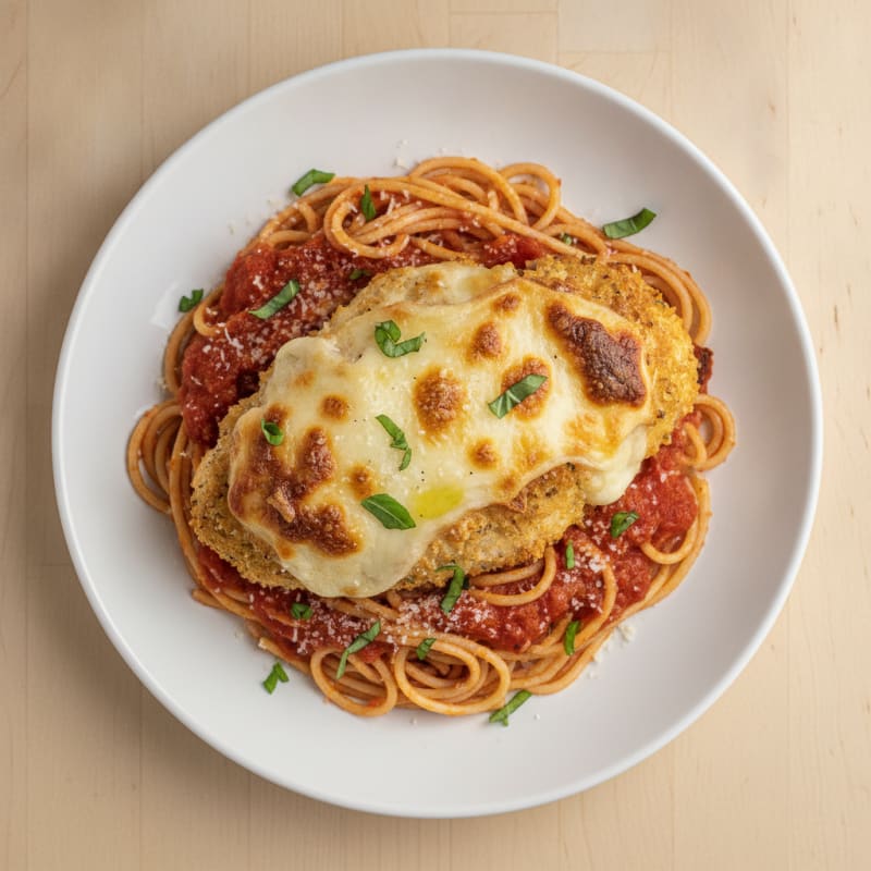 Baked Chicken Parmigiana with Spaghetti
