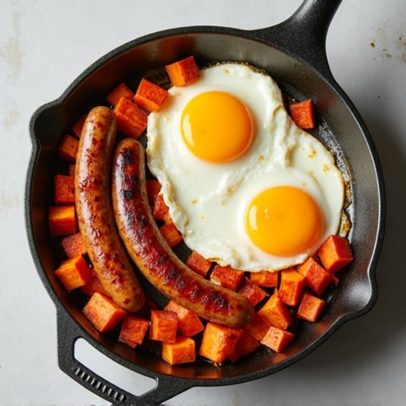 Crispy Sweet Potato and Chicken Sausage Skillet with Eggs