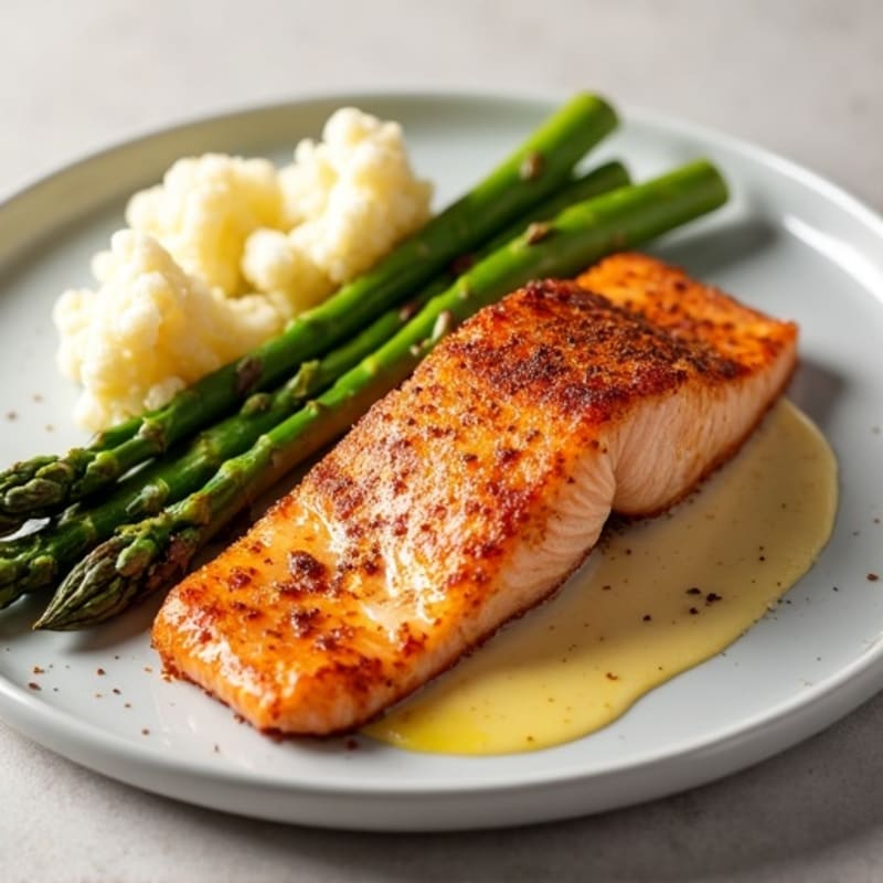 Crispy Spiced Salmon with Silky Cauliflower Puree and Roasted Asparagus