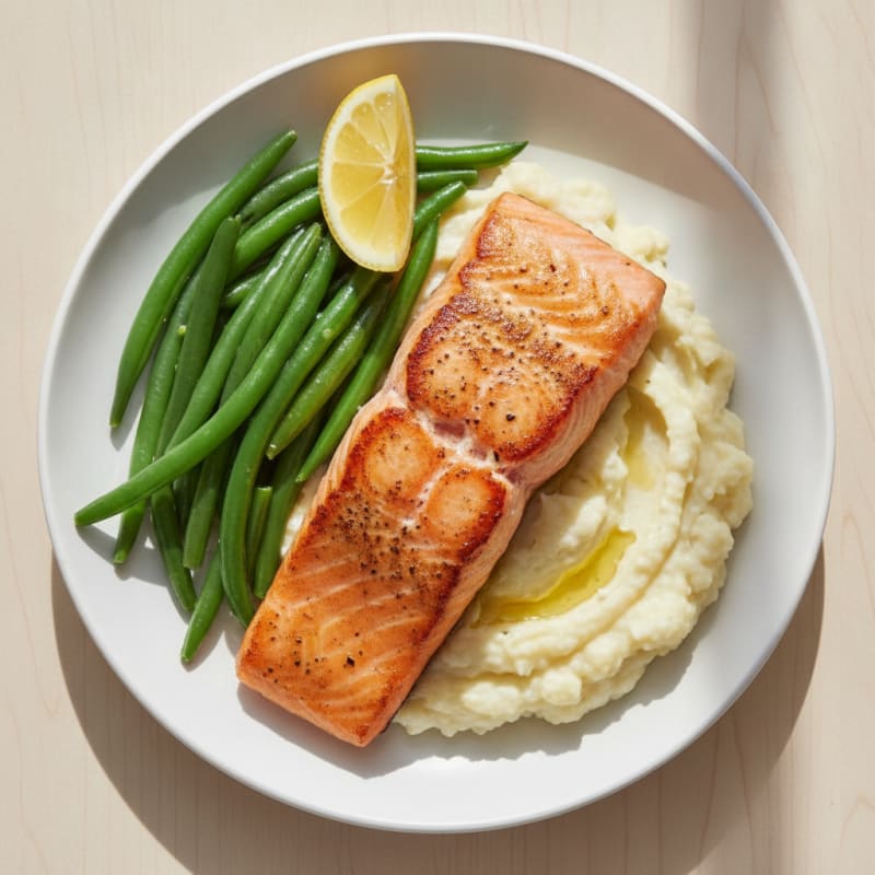 Seared Salmon Fillet with Steamed Green Beans and Garlic Mashed Cauliflower
