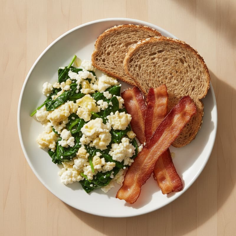 Cottage Cheese Egg Scramble with Spinach and Turkey Bacon