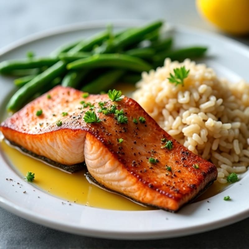 Seared Salmon with Garlic Green Beans and Brown Rice
