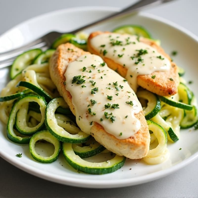 Creamy Cauliflower Alfredo Chicken with Zucchini Noodles