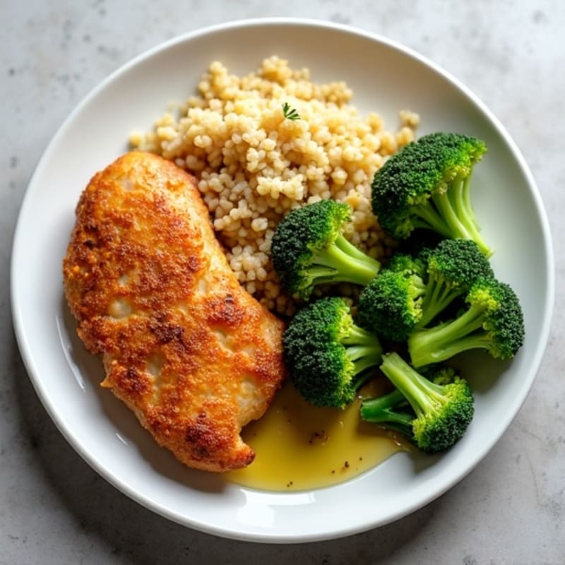Crispy Baked Chicken Breast with Quinoa and Steamed Broccoli
