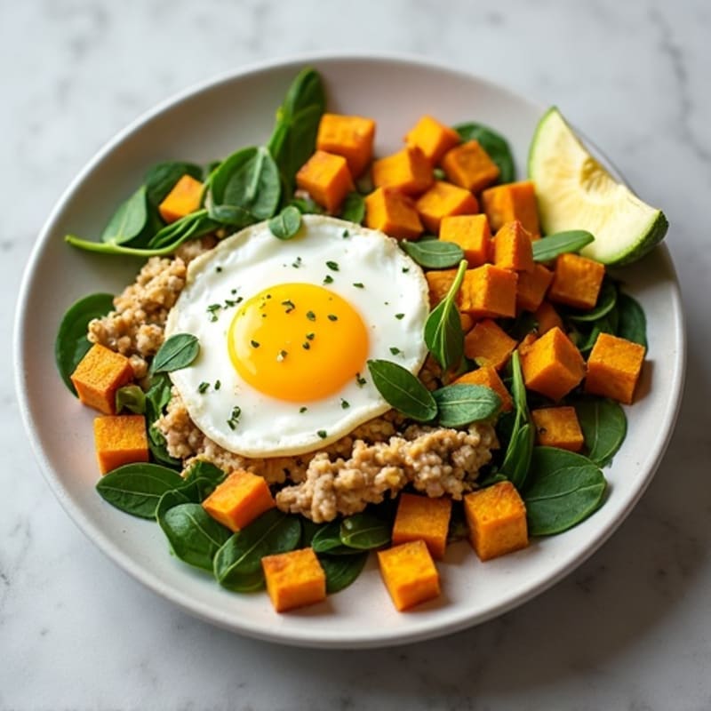 Egg White and Turkey Spinach Scramble with Roasted Sweet Potatoes