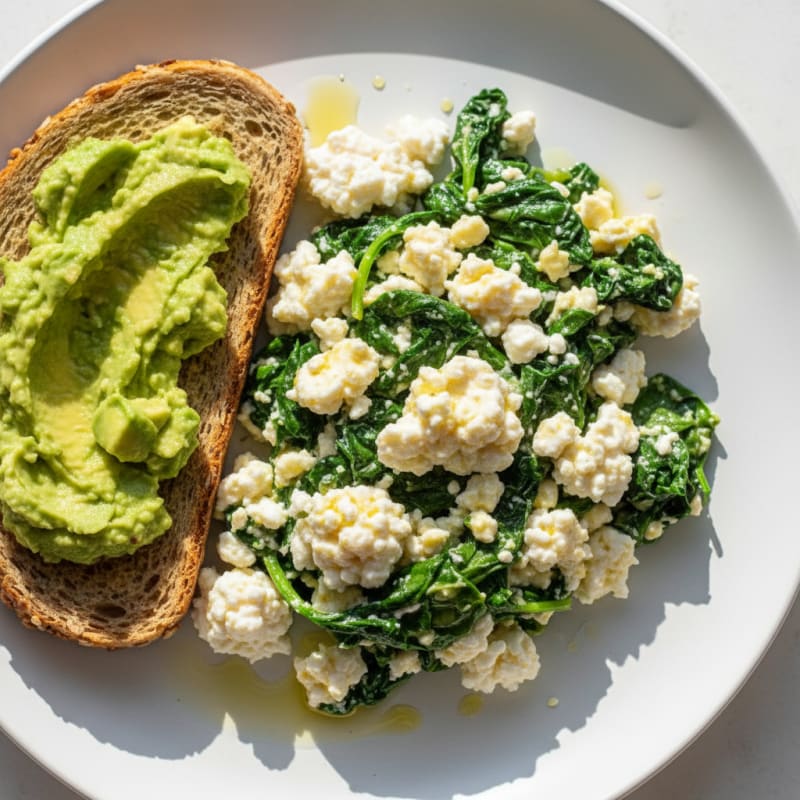 Egg White and Spinach Scramble with Cottage Cheese and Toast
