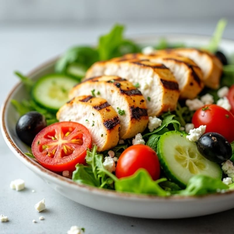 Grilled Chicken Salad with Fresh Cucumber, Tomato, Olives, and Crumbled Feta