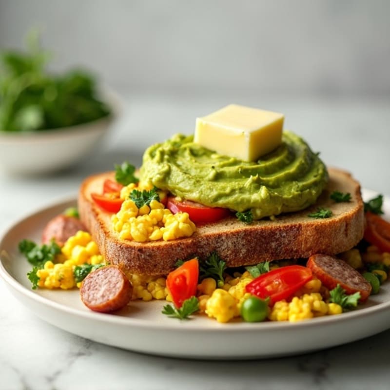 Egg White Veggie Scramble with Turkey Sausage and Smashed Avocado Toast