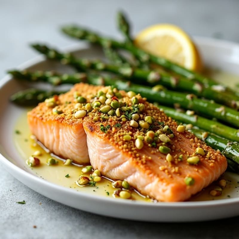 Crispy Pistachio-Crusted Salmon with Roasted Lemon-Herb Asparagus
