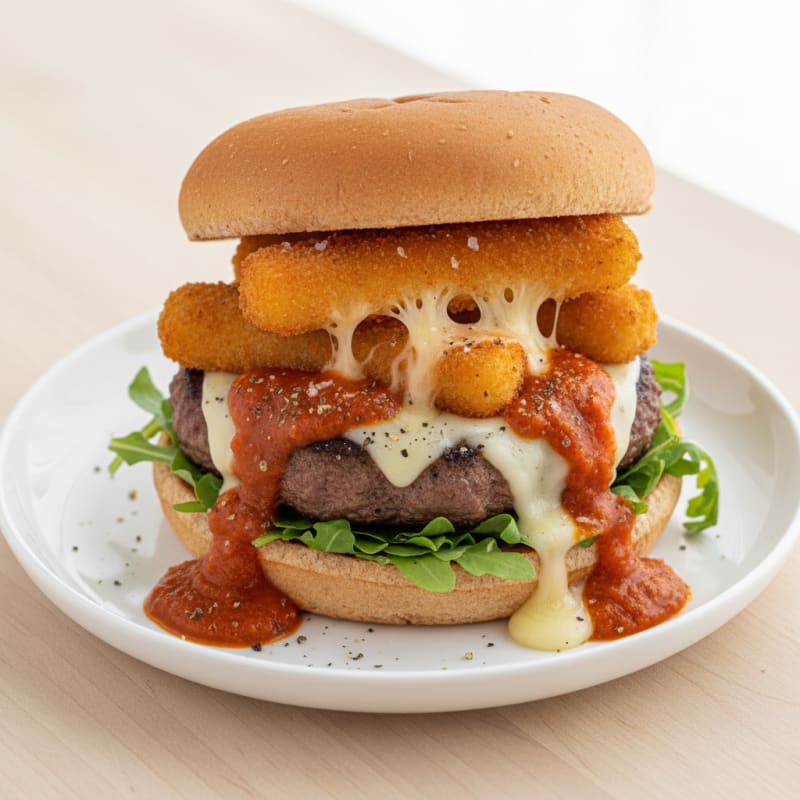 Mozzarella Stick Beef Burger with Marinara