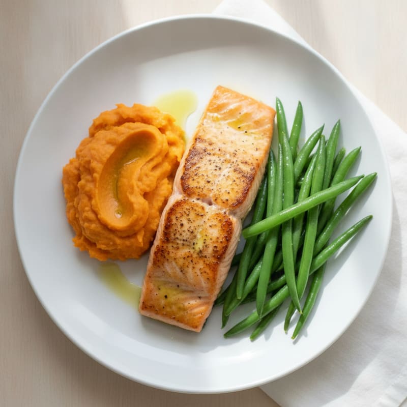 Seared Salmon with Steamed Green Beans and Mashed Sweet Potato