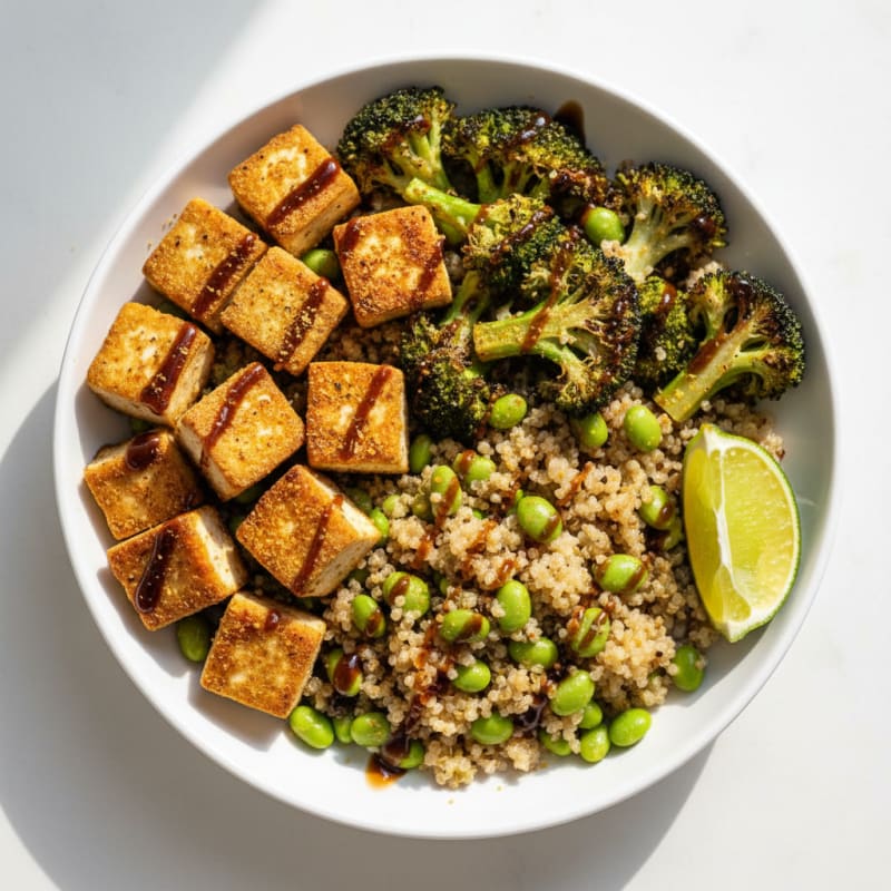 Crispy Tofu and Quinoa Power Bowl with Roasted Broccoli