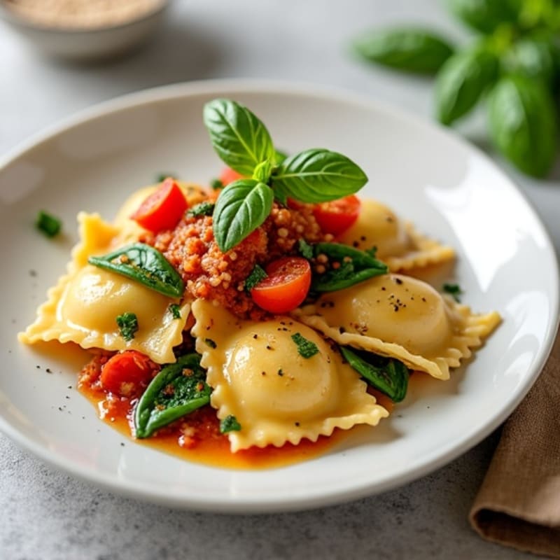 Spinach Ravioli with Lean Ground Turkey and Fresh Tomato Basil Sauce