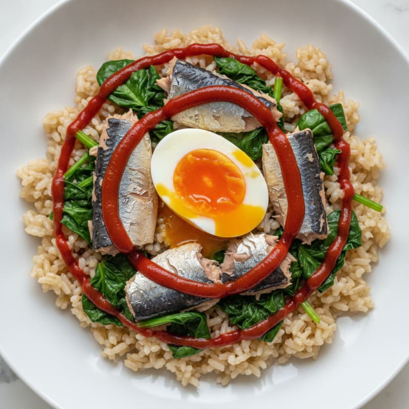 Egg and Sardine Rice Bowl with Spinach