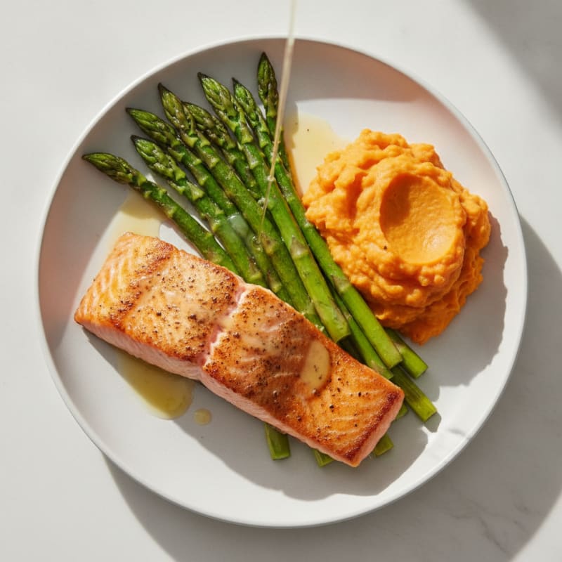 Seared Salmon with Roasted Asparagus and Sweet Potato Mash