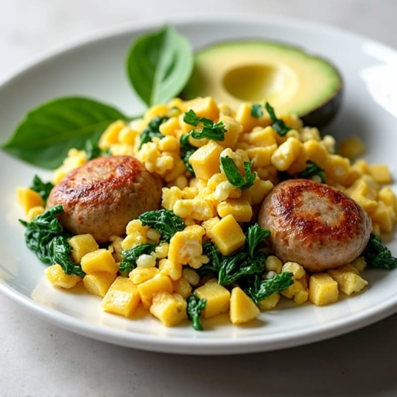 Egg White and Chicken Sausage Scramble with Spinach