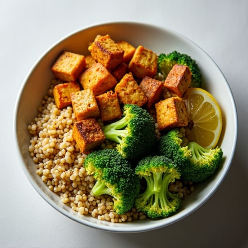 Crispy Tofu and Quinoa Power Bowl with Roasted Broccoli